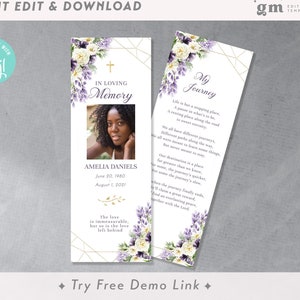 Floral Funeral Bookmark, Editable Memorial Bookmark TEMPLATE, Funeral Keepsake, DIY, Purple Flowers, Celebration of life, Woman FU1