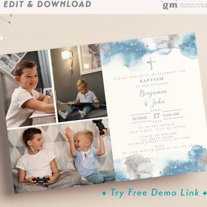 Gemeinsames Sibling Taufe Foto einladen, bearbeitbare Twin Boy Kommunion Einladung Vorlage, Taufe Multi Fotokarte BA07-5