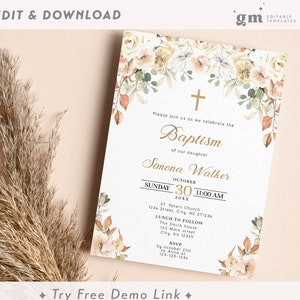 Fall Baptism Invite with Autumn Leaves & Flowers, EDITABLE Christening Invitation Template, Thanksgiving, Girl, Boy, Confirmation TH05-1