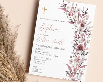 Wildflower Girl Baptism Picture Invitation, EDITABLE Floral Boho Christening Photo Invite Template, Dusty Pink, Greenery TH06-6