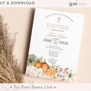 Fall Pumpkin Christening Invite, EDITABLE Autumn Baptism Invitation Template, Boho, Thanksgiving, Gender Neutral, Girl, Boy TH04-1