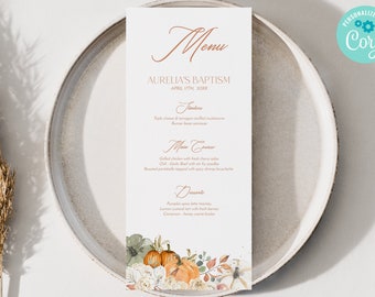 Menusjabloon Tall Fall Dinner Table, pompoenen en bloemen, BEWERKBARE menukaart doop, vrijgezellenfeest, Thanksgiving, DIY-bruiloft, boho TH04-1