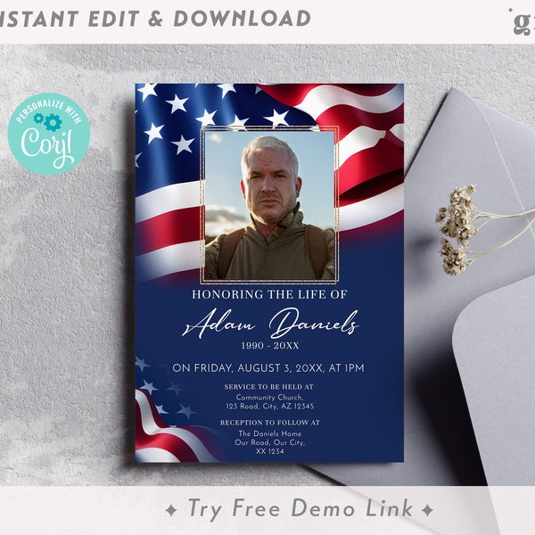 Veteran Memorial Invitation Card with Flag, Editable Military Funeral Announcement TEMPLATE, Celebration of Life Invite, DIY FU11