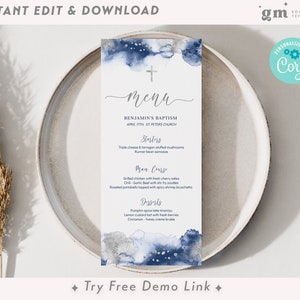 Menù per il pranzo del battesimo blu navy e argento, modello di menù per la comunione dei bambini MODIFICABILE, decorazione da tavolo per la festa del battesimo stampabile BA07-1
