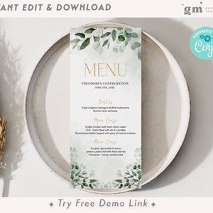 Menù per il pranzo del battesimo Greenery, verde e oro, modello di menù per la comunione dei bambini MODIFICABILE, decorazione da tavolo per la festa del battesimo stampabile BA14-1