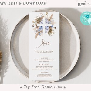 Menu du déjeuner herbe de la pampa croix baptême, modèle de menu de communion pour garçon MODIFIABLE, décoration de Table de fête de baptême imprimable BA05-4