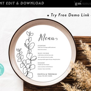 Eucalyptus Round Wedding Table  Menu Template, EDITABLE Circle Dinner Menu Card,  Bridal Shower Menu, DIY, Modern Minimal, Greenery BA08-1