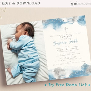 Boy Baptism Photo Invite Card, Silver & Light Blue, EDITABLE Christening Invitation Template, Watercolor, Religious BA07-5