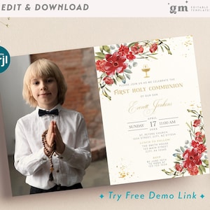 Faire-part photo floral 1ère communion garçon, modèle d'invitation de première communion fille MODIFIABLE, rouge et or, calice G1-6