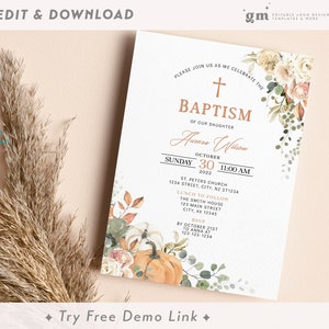 Thanksgiving Boho Baptism Invite, EDITABLE Autumn Invitation Template, Fall Pumpkin Christening, Girl Boy  Communion, Confirmation TH01-1