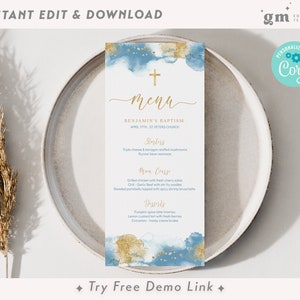Menù per il pranzo del battesimo blu, modello di menù per la comunione dei bambini in oro MODIFICABILE, decorazioni da tavola per la festa del battesimo stampabili BA07-8