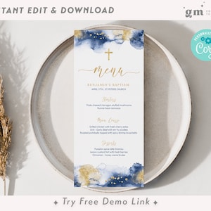 Menú de almuerzo para bautizo de la Marina, plantilla de menú de comunión para niño dorado EDITABLE, decoración de mesa para fiesta de bautismo imprimible BA07-2
