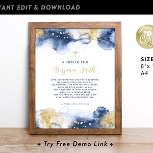 Boy Baptism Blessing Sign, EDITABLE Christening Prayer Sign Template, Navy & Gold Watercolor Communion Decoration, Godchild Gift BA07-2