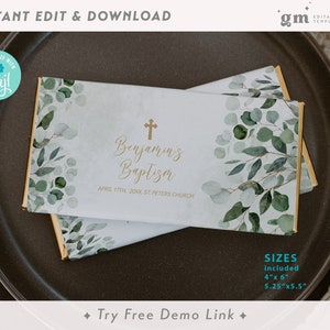 Chocolate Wrapper Template, Greenery, Editable Boy Baptism Candy Bar Label, Christening, Communion, Confirmation Favor BA14-1