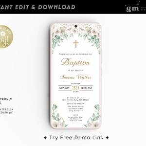 Floral Baptism Electronic Invite Template, EDITABLE Greenery Christening Evite, Text Message, Mobile Phone Invitation, Girl, Boy, TH05-2