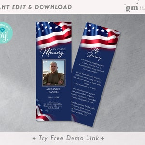 Soldier Funeral Bookmark, Editable Military Memorial Bookmark TEMPLATE, Veteran Funeral Keepsake, DIY, Navy Celebration of life, Flag FU11-2