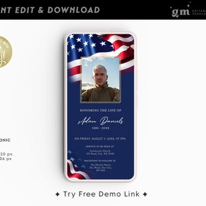 May include: An electronic invitation template with a blue background and an American flag design. The template features a photo placeholder, text for the deceased's name, dates, and service details. The text reads "Honoring the life of Adam Daniels 1990-20XX On Friday, August 3, 20XX, at 1PM Service to be held at Community Church 123 Road, City, AZ 12345 Reception to follow at The Daniels Home Our Road Our City 30X 1234 Try Free Demo Link".