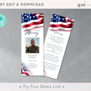 Veteran Funeral Bookmark, Editable Military Memorial Bookmark TEMPLATE, Soldier Funeral Keepsake, DIY, Celebration of life, Flag FU11-2