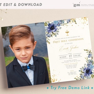 Floral Boy 1st Communion Photo Invitation, EDITABLE First Holy Communion Invite Template, Navy Blue & Gold, Spring, Summer, Chalice G1-5