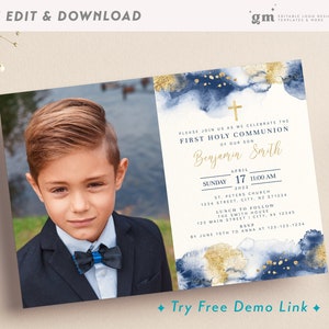 Faire-part photo communion or marine, modèle d'invitation de première communion garçon imprimable modifiable, communion aquarelle bleu BA07-2