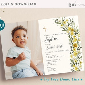Wildflower Baptism Picture Invitation, Gender Neutral, EDITABLE Floral Boho Christening Photo Invite Template, Girl, Boy, Greenery TH06-8