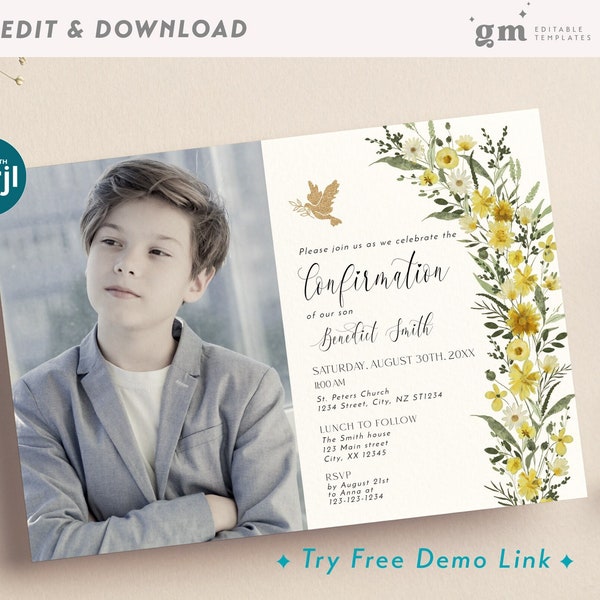 Wildflower Confirmation Photo Invite Card with Dove, EDITABLE Boho Confirmation Picture Invitation Template, Gender Neural, TH06-8