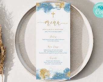 Blue Christening Lunch Menu, EDITABLE Gold Boy Communion Menu Template, Printable Baptism Party Table Decor  BA07-8