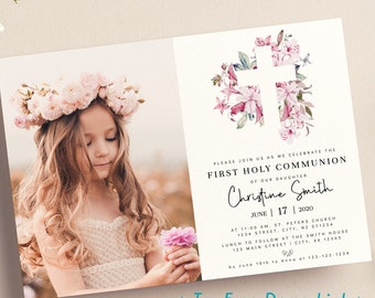 Pink Cross Communion Photo Invitation, Editable Printable Girl First Holy Communion Invite Template, Floral 1st Communion BA03