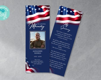 Soldier Funeral Bookmark, Editable Military Memorial Bookmark TEMPLATE, Veteran Funeral Keepsake, DIY, Navy Celebration of life, Flag FU11-2