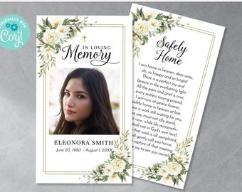 Floral Catholic Mass Card for Funeral, Blue Iris, Editable Memorial ...