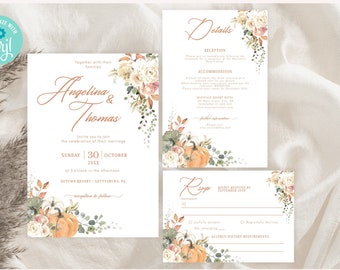 Rustic Fall Wedding Invitation Suite, Pumpkins & Roses, Editable Floral Autumn Wedding TEMPLATE Set, QR Code RSVP, Details Card TH01-1