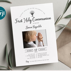 Tarjeta de invitación con foto para primera comunión, sencilla, negra, plantilla de invitación con foto de cáliz para comunión, minimalista BA02-1