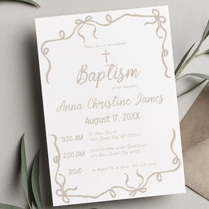 Baptism Invite with Beige Wavy Bow Border, Editable Christening Invitation Template, Scribble, Hand Drawn, Hand Written, Whimsical BA19-8