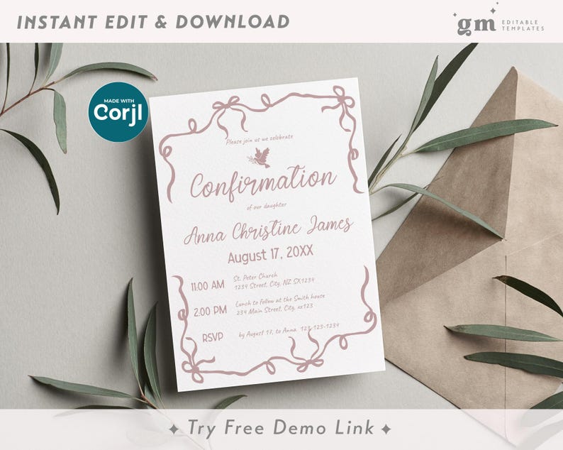 Wavy Border Confirmation Invitation Template, Editable Bow Invite for ...