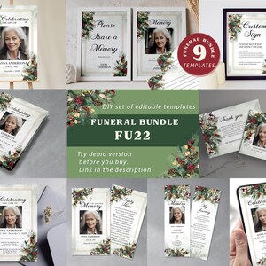 Winter Theme Funeral Template Bundle , Editable Celebration of Life Set, Christmas Customizable In Loving Memory Package FU22