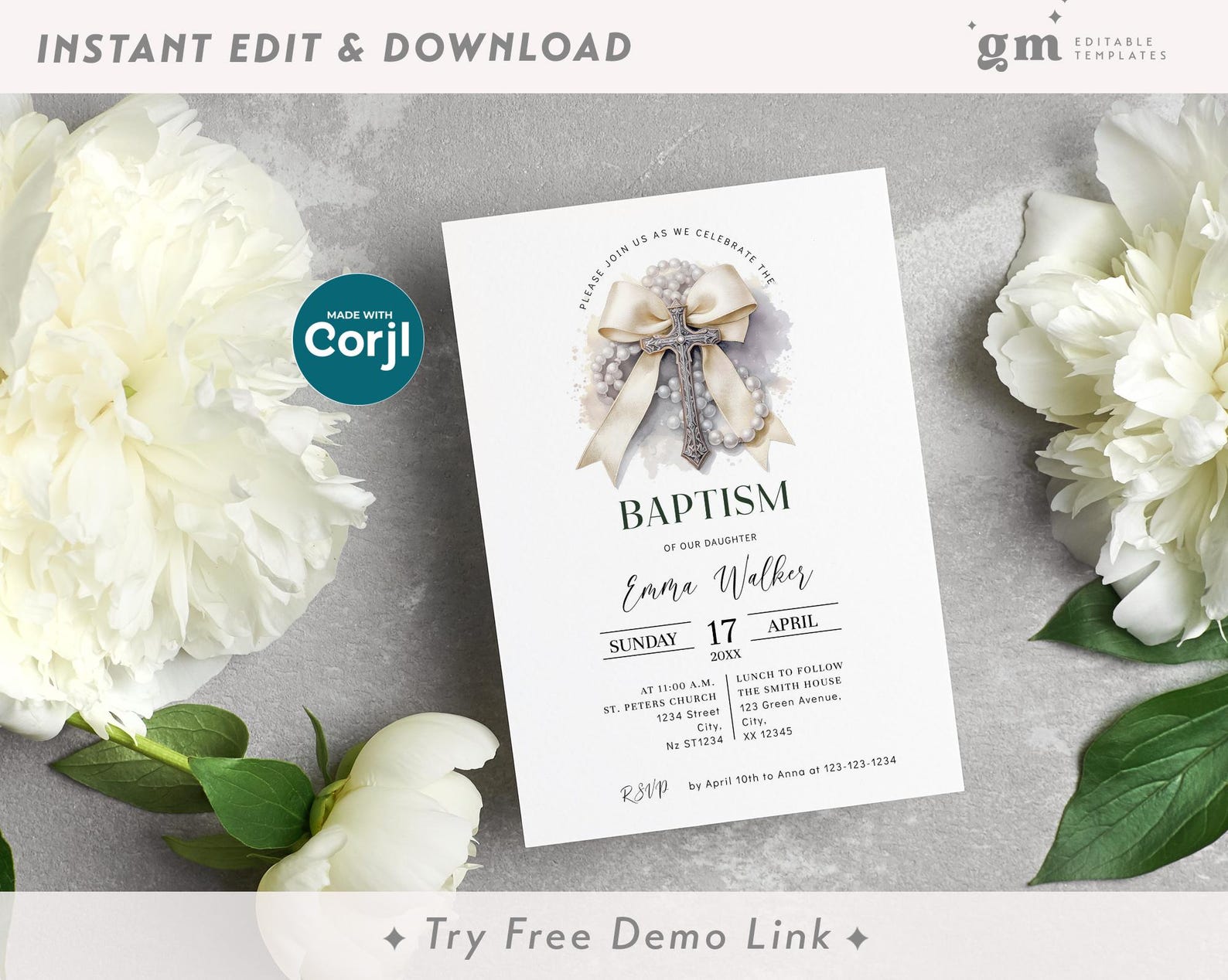 Beige Bow Baptism Invitation, EDITABLE Rosary Christening Invite