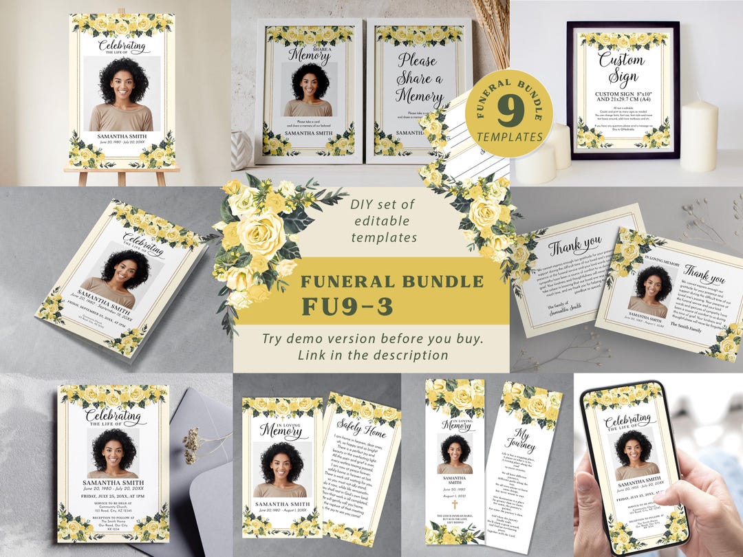 Yellow Roses Funeral Vector Yellow Rose Funeral Template Package, Editable Floral Celebration of ...
