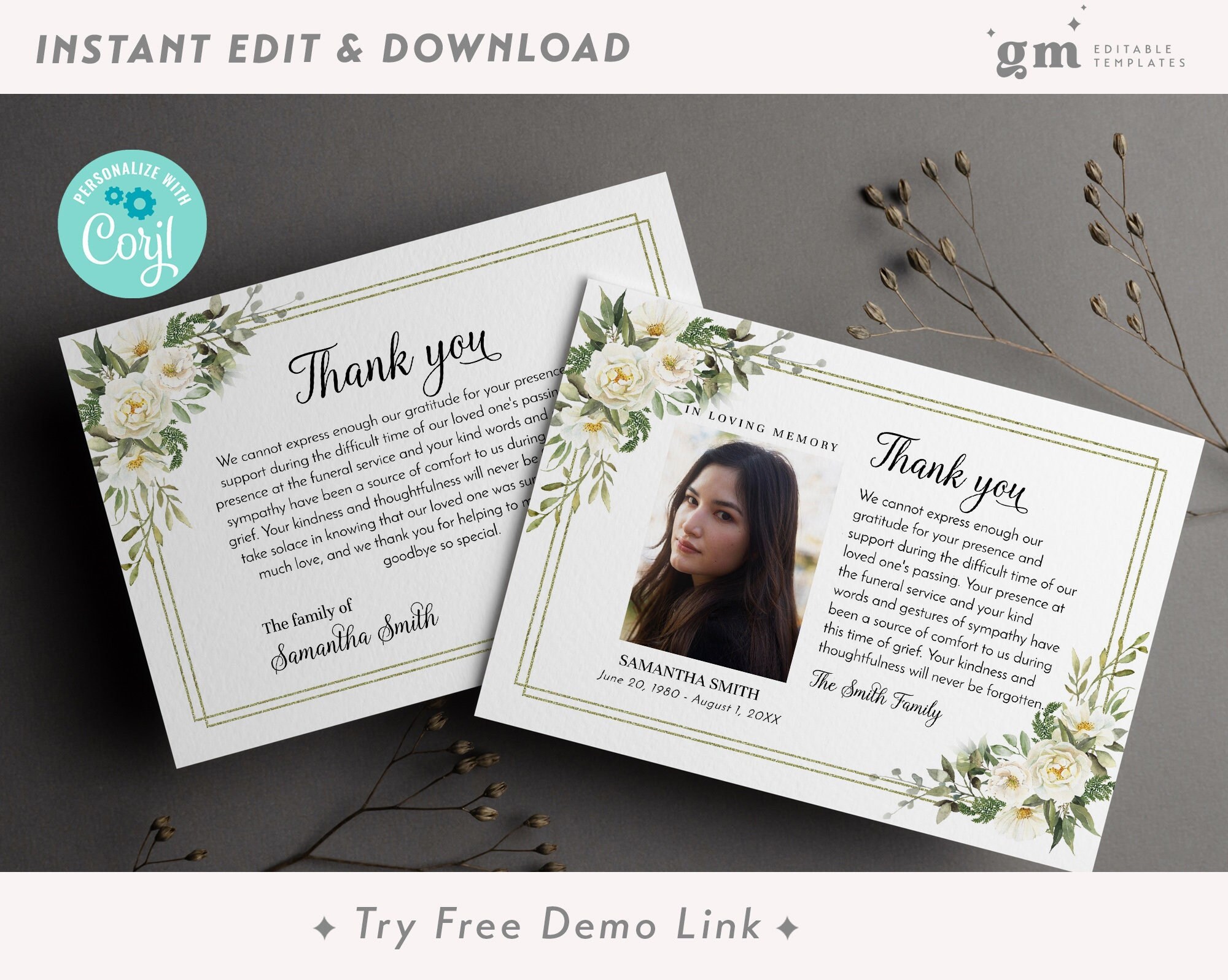 White Roses Memorial Thank You Photo Card, Editable Floral Funeral ...