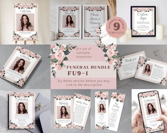 Pink Rose Funeral Template Package, Editable Floral Woman Celebration of Life Bundle, In Loving Memory Set, Garden Memorial FU9-1