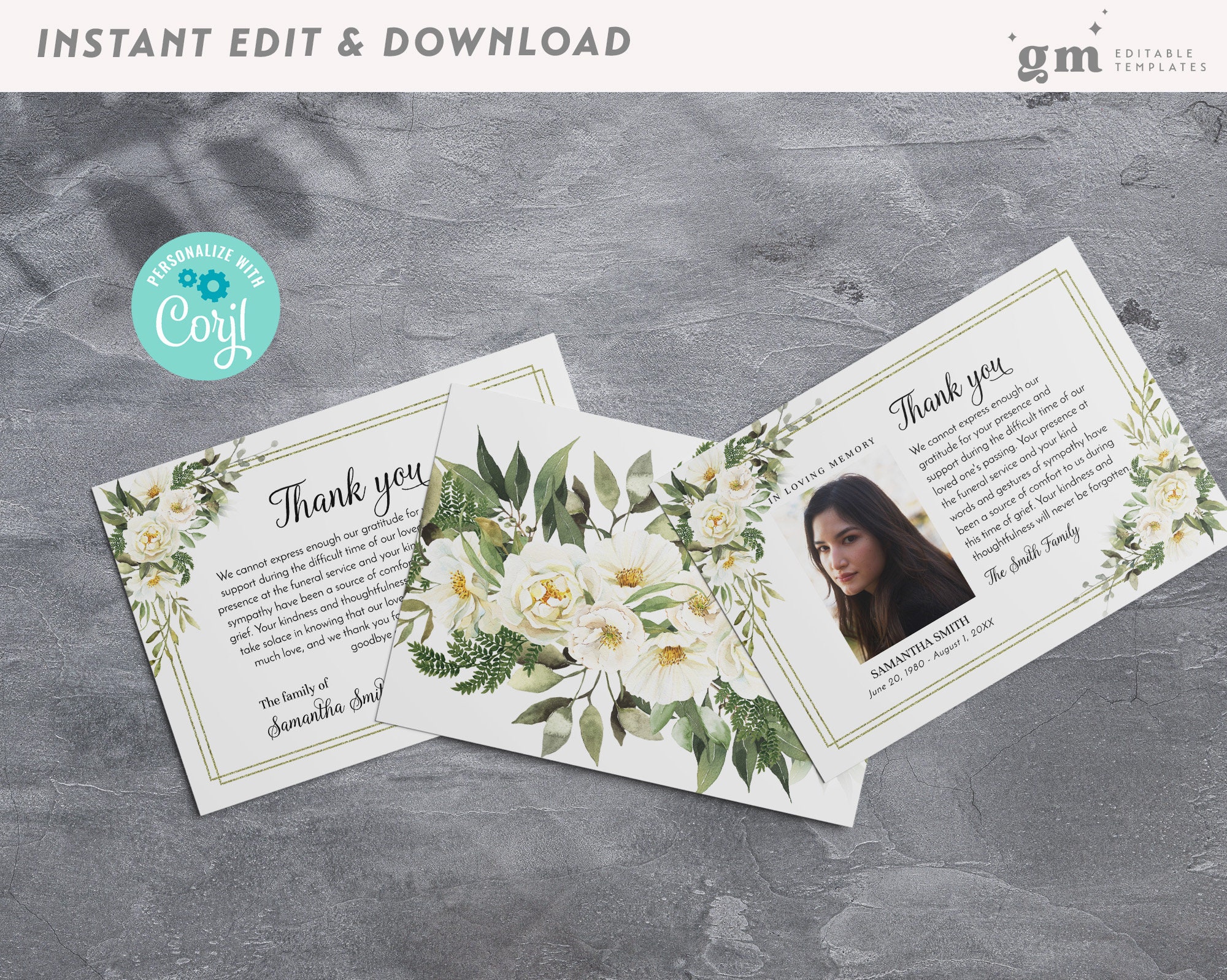 White Roses Memorial Thank You Photo Card, Editable Floral Funeral ...
