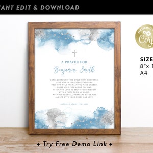 Boy Baptism Prayer Sign Blue Silver, EDITABLE Communion Sign Template 8x10, Light Blue & Silver Watercolor Baptism Decoration  BA07-5