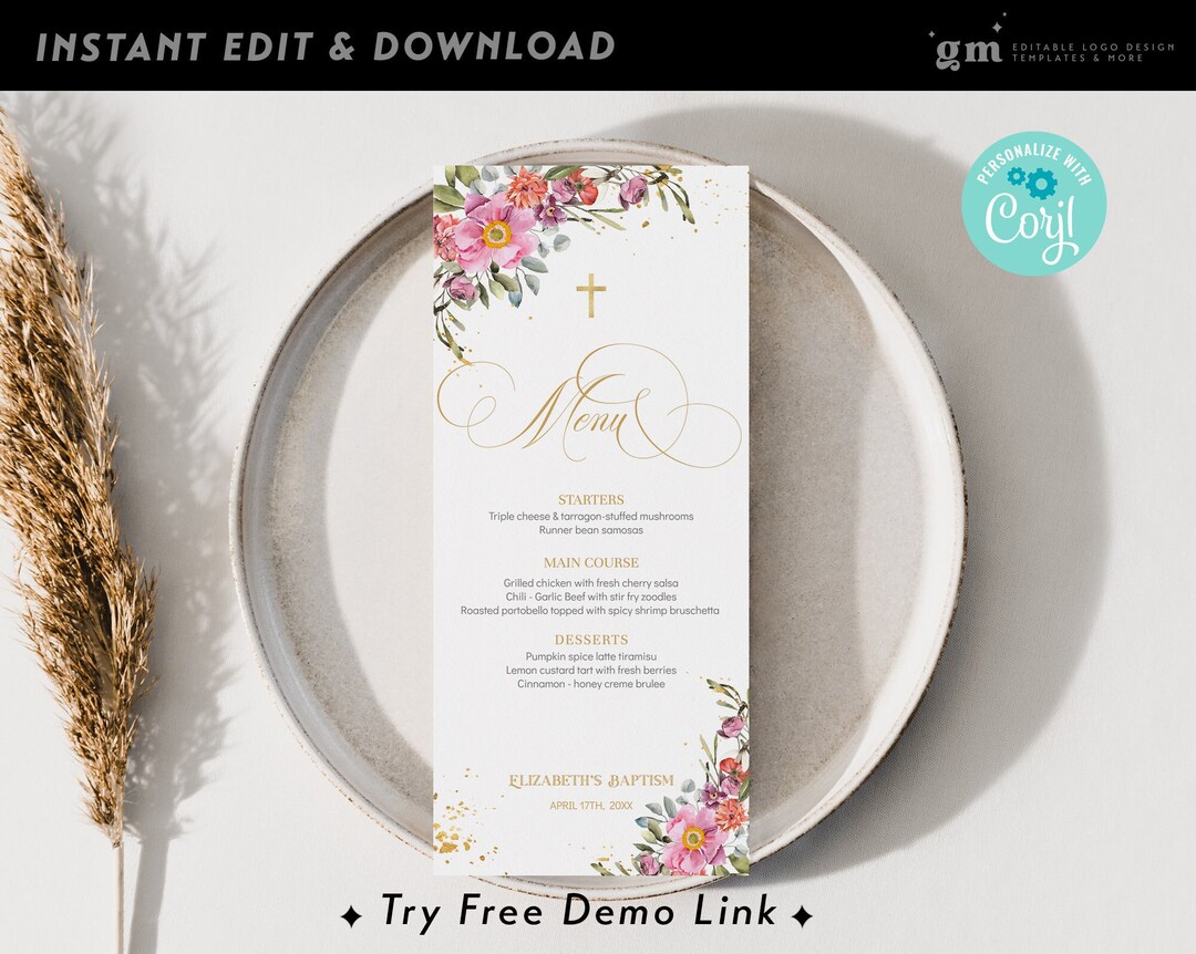 Floral Slim Lunch Menu Card, EDITABLE Christening Table Menu Template