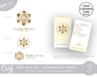Editable Sacred Geometry Logo & Business Card, Life Coaching Logo Set, Corjl Premade Branding, Biz Card Template HC0MX