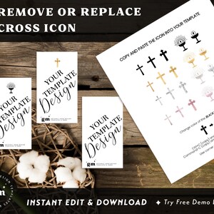 Puede incluir: Tres tarjetas blancas con el texto "Your Template Design" y un icono de cruz. Las tarjetas est&aacute;n sobre una superficie de madera con una flor blanca y una cesta tejida. La imagen tambi&eacute;n muestra una hoja de papel con una variedad de iconos de cruz en diferentes colores. El texto "Copiar y pegar el icono en su plantilla" est&aacute; en la parte superior de la hoja. El texto "Cambiar el color del icono negro f&aacute;cilmente" est&aacute; en la parte inferior de la hoja.