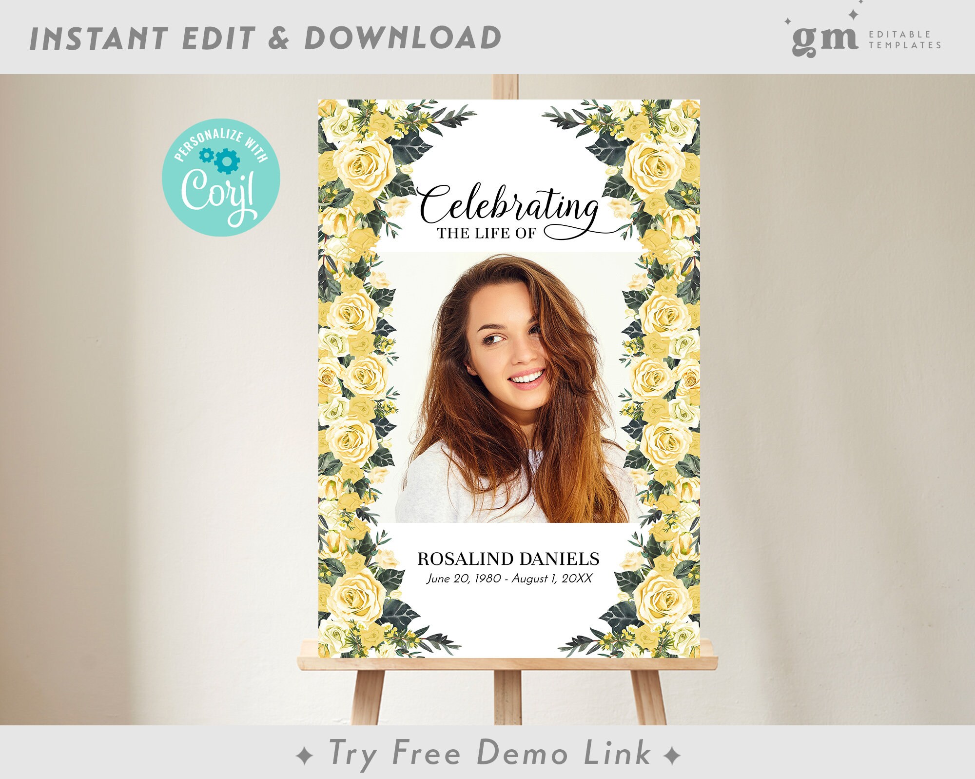 Yellow Roses Funeral Vector Yellow Roses Funeral Welcome Photo Sign, Editable Floral Memorial ...