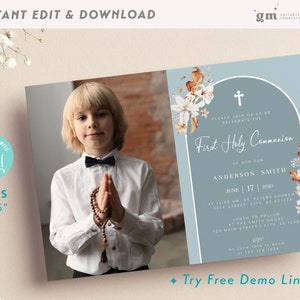 Plantilla de tarjeta de invitación con foto para comunión con flores bohemias, EDITABLE, invitación religiosa azul polvoriento para primera comunión de niño BA04