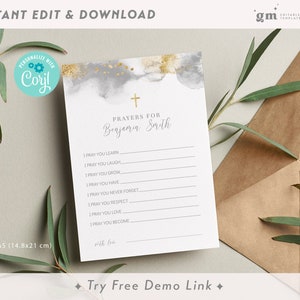 Editable Baptism Prayer Card Template, Prayers for Baby, Grey & Gold Watercolor, Boy Girl Christening  BA07-23