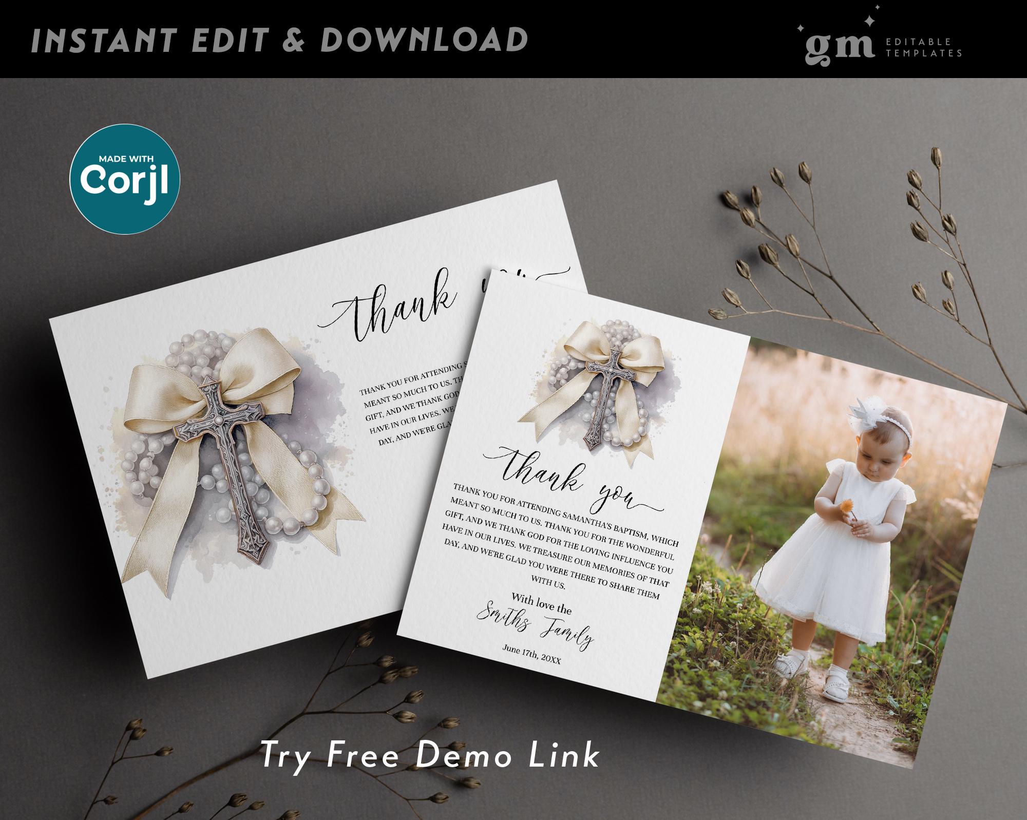 Beige Bow Baptism Thank You Photo Card, EDITABLE Communion Favor