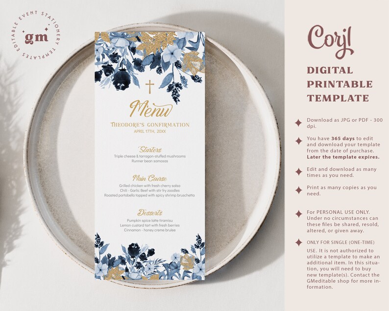 Floral Tall Menu Card, EDITABLE Baptism Menu Template, DIY Table ...