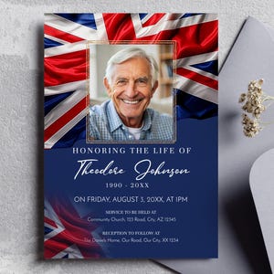 Carte d'invitation commémorative du drapeau britannique, modèle modifiable de faire-part pour les funérailles de l'Union Jack, invitation britannique à la célébration de la vie, FU28-1